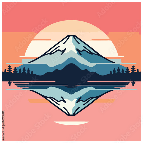Diese Vektorillustration zeigt eine majestätische Fuji-Bergkette mit einer symmetrischen Spiegelung in einem ruhigen See vor der Kulisse eines warmen Sonnenuntergangs