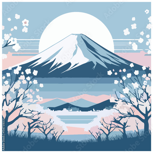 Vektorillustration des Fuji hinter Kirschblüten auf blauem und rosa Hintergrund, inspiriert von japanischer Kunst. Diese lebendige Szene fängt die Ruhe und Schönheit der Landschaft ein