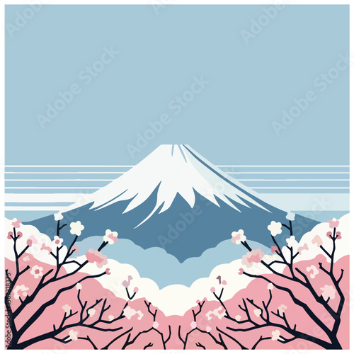 Malerische Vektorillustration des Fuji mit rosa Kirschblütenbäumen im Vordergrund, die an japanische Landschaften und Reiseziele erinnert. Dieses ruhige Bild eignet sich für Tourismuswerbung