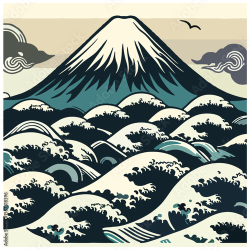 Inspiriert von Hokusais ikonischem Kunstwerk zeigt diese Grafik den Fuji, der sich hinter stilisierten Meereswellen erhebt. Dieses Kunstwerk fängt die Schönheit der japanischen Landschaft