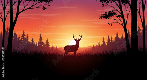 Majestic Deer Silhouette Against a Vibrant Sunset Forest Landscape Illustration