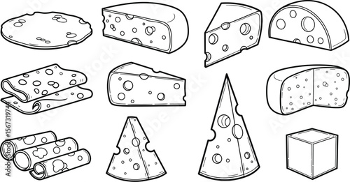 Collection of various cheese types and slices in a simple line art drawing