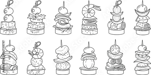 Collection of twelve different appetizer canape skewers with cheese olives and shrimp