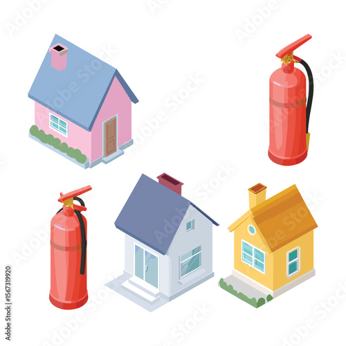Isometric House and Fire Extinguisher Safety Concept