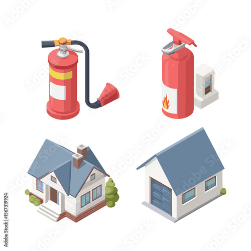 Isometric Fire Extinguisher and Emergency Tools