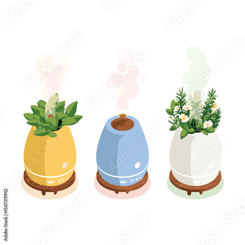 Isometric Indoor Plants in Air Humidifier Pots