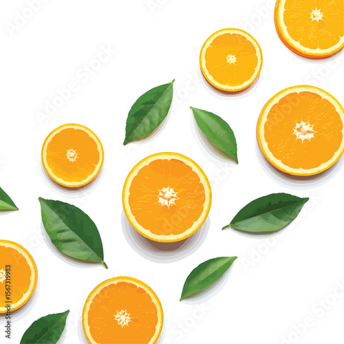 Fresh orange slices and green leaves scattered on a white background