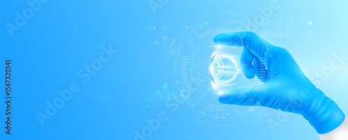 Doctor's hand in blue gloves holding virtual hologram eyeball close up. Checks the result on interface analyzes data. Innovative technologies future medical health care. Banner vector.