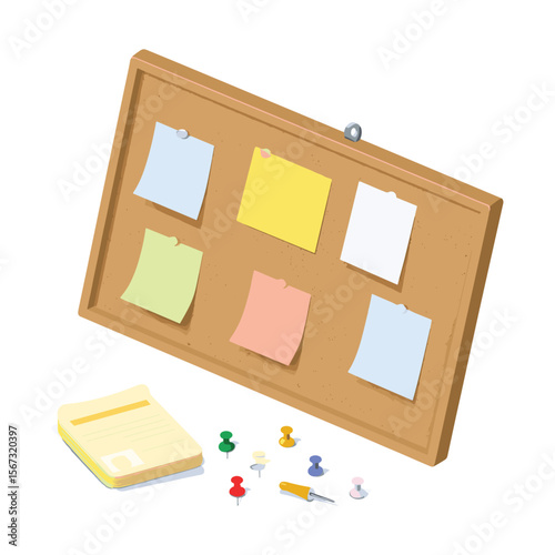 Isometric Cork Board with Sticky Notes