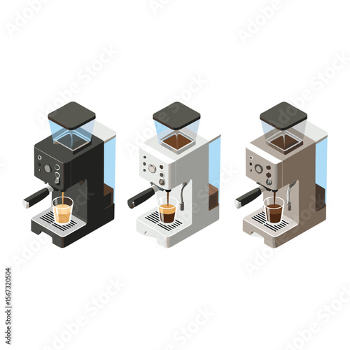 Isometric Coffee Brewing Machines with Barista Hands