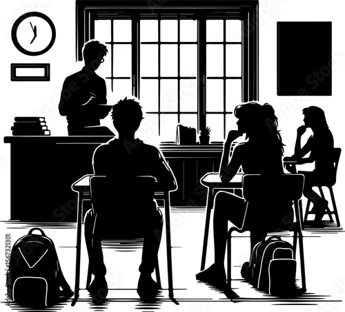 Teacher instructing students in classroom with backpacks on desks  