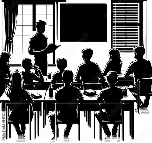 Teacher presenting to students in classroom with large windows  