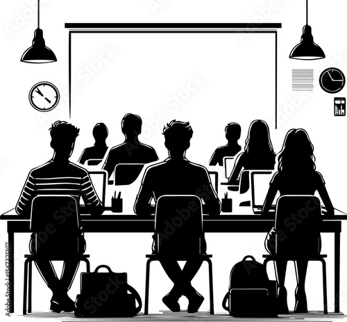 Group of students sitting at desks in classroom during lecture  