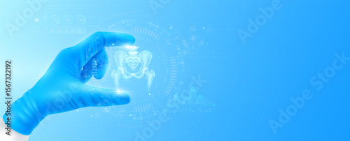 Doctor's hand in blue gloves holding virtual hologram pelvis joint bone close up. Checks the result on interface analyzes data. Innovative technologies future medical health care. Banner vector.