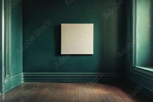 ultra quality image of Empty square canvas and corner view of dark green living room high detail