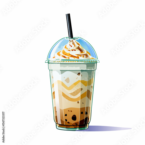 highly detailed flat vector illustration of a caramel iced latte in a transparent plastic cup, front-facing and isolated on a pure white or transparent background. The drink features a medium-sized cl
