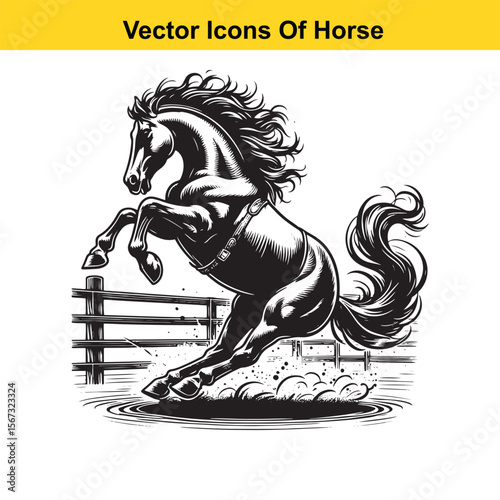 Bucking Horse in Rodeo Arena – Black and White Western Vector for Tracing and Coloring