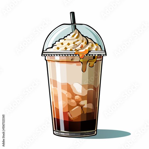 highly detailed flat vector illustration of a caramel iced latte in a transparent plastic cup, front-facing and isolated on a pure white or transparent background. The drink features a medium-sized cl