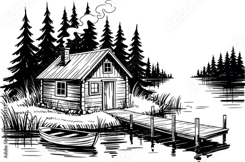 Cabin by the lake illustration vector drawing lake house forest scene nature art