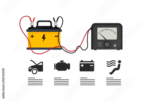 Car battery with connected cable for recharging. Stock Illustration.