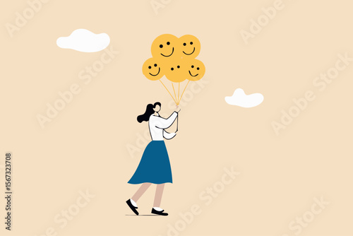 Emotional control and self regulation, stressed management or mental health awareness, feeling and expression concept, calm woman holding balloons with emotion or expression faces, happy, sad or fear.
