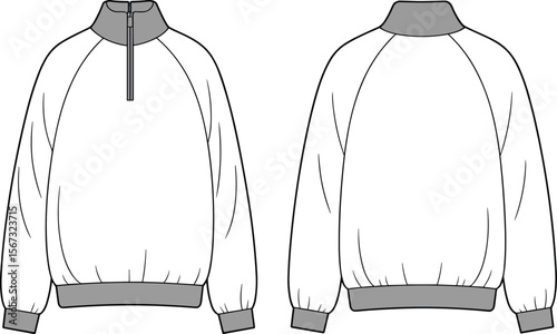 Quarter zip pullover front and back view, flat sketch technical drawing for fashion design, CAD vector of casual sweatshirt top