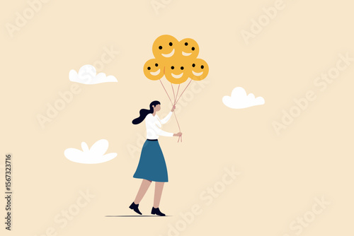 Emotional control and self regulation, stressed management or mental health awareness, feeling and expression concept, calm woman holding balloons with emotion or expression faces, happy, sad or fear.
