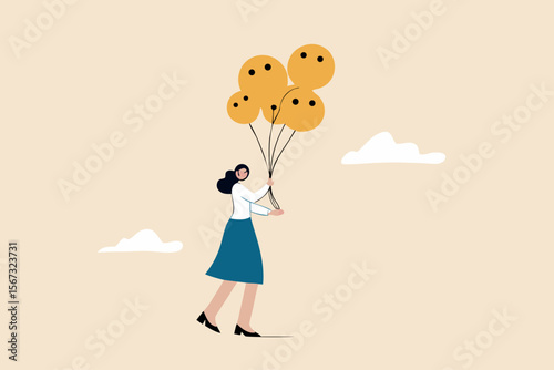 Emotional control and self regulation, stressed management or mental health awareness, feeling and expression concept, calm woman holding balloons with emotion or expression faces, happy, sad or fear.