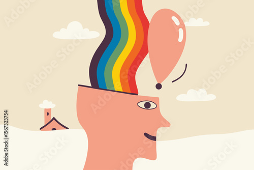 Mental state of happiness, good mood or positive thinking mind, emotional therapy or brain treatment concept, man with open head and happy rainbow wave from inside his brain around with cloud.
