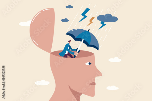 Mental health protection, depression or anxiety control or cure, help, support mental illness suffering concept, human head with his self using umbrella to protect from heavy raining storm depression.