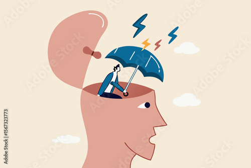 Mental health protection, depression or anxiety control or cure, help, support mental illness suffering concept, human head with his self using umbrella to protect from heavy raining storm depression.