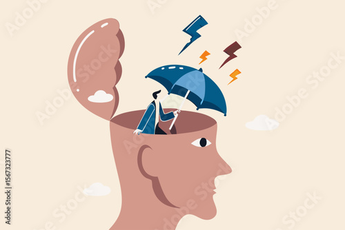 Mental health protection, depression or anxiety control or cure, help, support mental illness suffering concept, human head with his self using umbrella to protect from heavy raining storm depression.