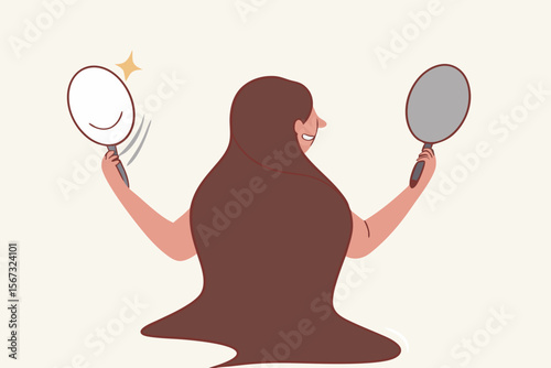 Bipolar disorder is mental illness, mixed emotion between happiness and sadness express conflict personality, patient need regular psychology therapy, woman hold mirrors with happy and sad reflection.