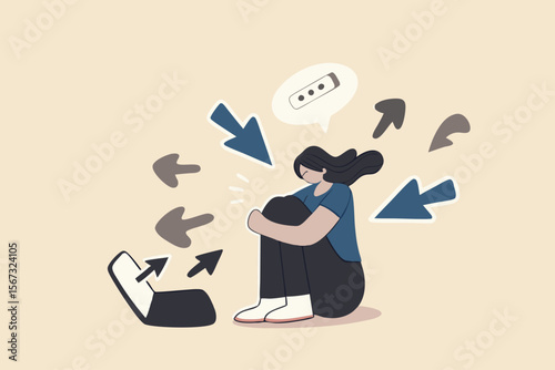 Cyber bullying, internet abuse or online troll, social media problem with hater comments concept, depressed teenager girl sitting alone with computer laptop and mouse hand cursors pointing on her.