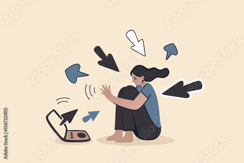 Cyber bullying, internet abuse or online troll, social media problem with hater comments concept, depressed teenager girl sitting alone with computer laptop and mouse hand cursors pointing on her.