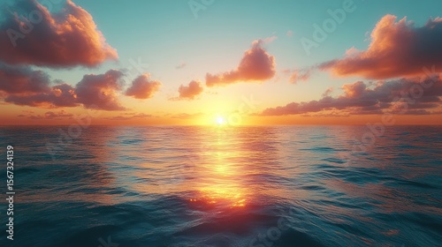 A peaceful ocean view under a glowing sky, horizon melting into the warm tones of the evening sun