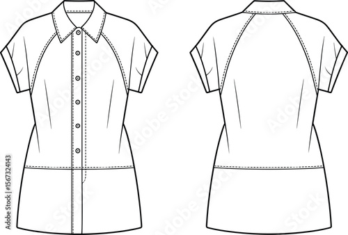 Short sleeve fitted shirt flat sketch, button-up blouse CAD vector, technical front and back clothing design for fashion illustration