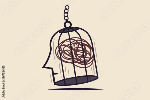Mental health, stressed and anxiety from work, depression or obsession in human brain concept, mess line metaphor of stressed and trouble in bird cage with the line like human head.