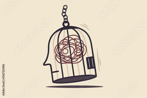 Mental health, stressed and anxiety from work, depression or obsession in human brain concept, mess line metaphor of stressed and trouble in bird cage with the line like human head.
