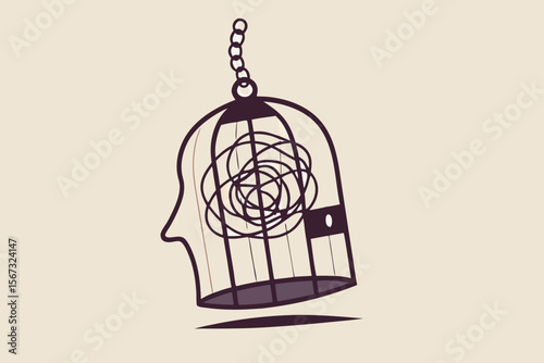 Mental health, stressed and anxiety from work, depression or obsession in human brain concept, mess line metaphor of stressed and trouble in bird cage with the line like human head.