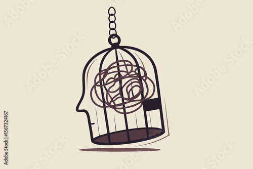 Mental health, stressed and anxiety from work, depression or obsession in human brain concept, mess line metaphor of stressed and trouble in bird cage with the line like human head.