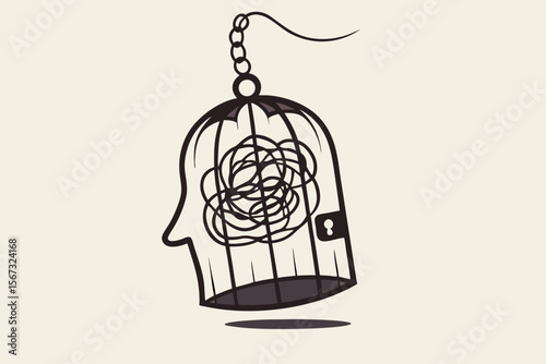 Mental health, stressed and anxiety from work, depression or obsession in human brain concept, mess line metaphor of stressed and trouble in bird cage with the line like human head.