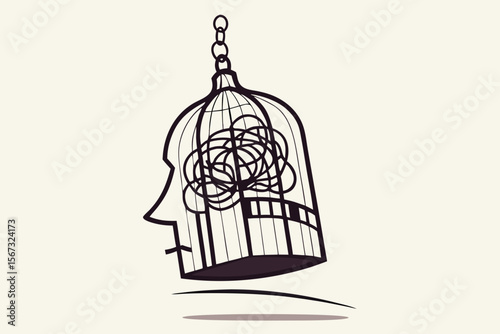 Mental health, stressed and anxiety from work, depression or obsession in human brain concept, mess line metaphor of stressed and trouble in bird cage with the line like human head.