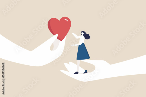 Empathy or sympathy understanding and share feeling with others, support or help community, kindness and compassion concept, supporting hand carry misfortune depressed woman and giving heart shape.
