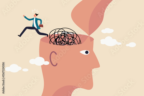 Escapism, escape from depressed mind impacted by COVID-19 pandemic, exit or leave depression, anxiety or stressed lockdown concept, man run away escape from mess tangled line brain on his open head.