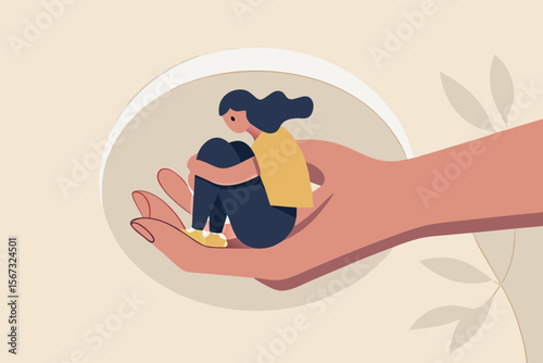 Mental health treatment, care and understanding about depression illness or psychotherapy to protect mental illness concept, warm hand tendering hold depressed solitude girl to solve stress problem.