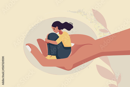 Mental health treatment, care and understanding about depression illness or psychotherapy to protect mental illness concept, warm hand tendering hold depressed solitude girl to solve stress problem.