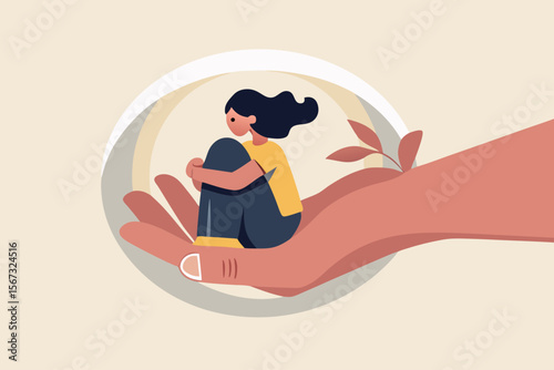 Mental health treatment, care and understanding about depression illness or psychotherapy to protect mental illness concept, warm hand tendering hold depressed solitude girl to solve stress problem.