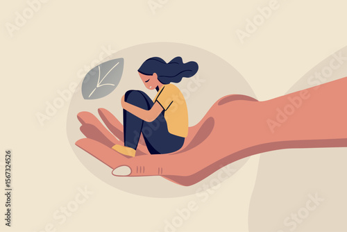 Mental health treatment, care and understanding about depression illness or psychotherapy to protect mental illness concept, warm hand tendering hold depressed solitude girl to solve stress problem.