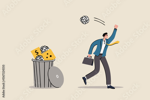 Get rid of work anxiety, stressed and unhappiness emotion, relax to gain happiness concept, happy businessman throw away stressed and anxiety into the bin.